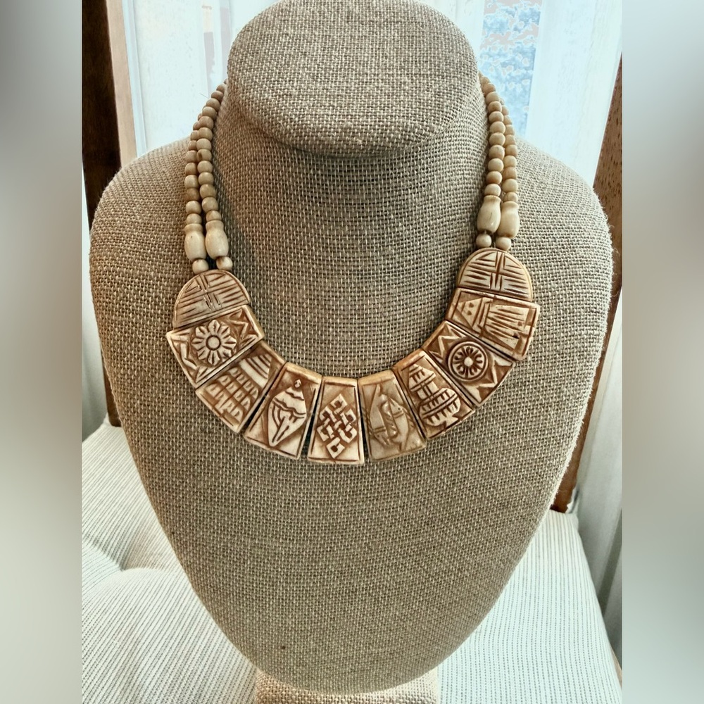 Gorgeous Bone Carved Vintage Tribal Panel Collar Necklace amazing detail